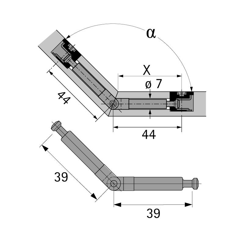 Goujon articulé du 860 - Axe de perçage : 44 mm - Décor : Zingué - Diamètre perçage : 7 mm - Longueur de serrage 01 : 3 1