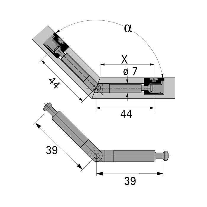 Goujon articulé du 860 - Axe de perçage : 44 mm - Décor : Zingué - Diamètre perçage : 7 mm - Longueur de serrage 01 : 3 1