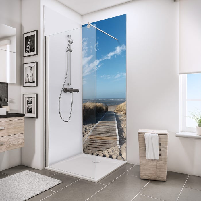 Schulte Pack de 2 panneaux muraux 90 x 210 cm + 3 profilés, revêtement pour douche et salle de bains, DécoDesign PHOTO, Ponton du mer du Nord + blanc 0