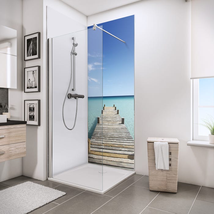 Schulte Pack de 2 panneaux muraux 90 x 210 cm + 3 profilés, revêtement pour douche et salle de bains, DécoDesign PHOTO, Ponton de Maldives + blanc 0