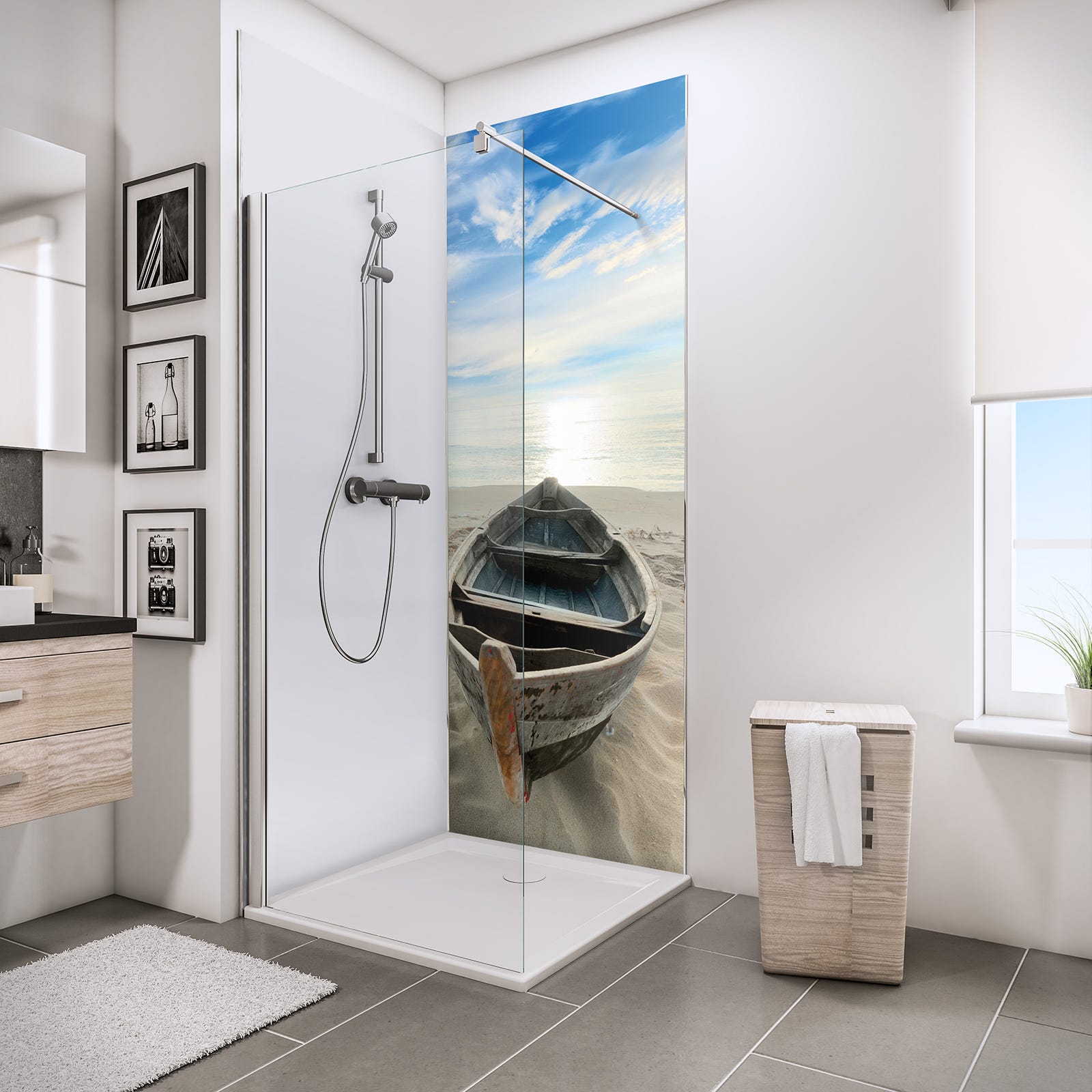 Schulte Pack de 2 panneaux muraux 90 x 210 cm + 3 profilés, revêtement pour douche et salle de bains, DécoDesign PHOTO, lot Bateau en niche + blanc 0