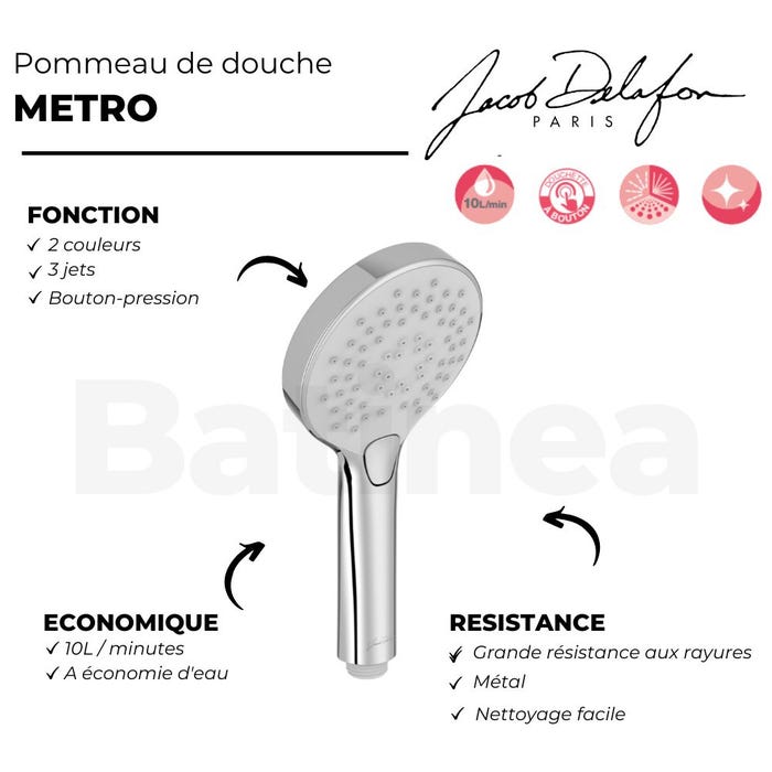 Pommeau de douche JACOB DELAFON Metro, 3 jets | Noir mat 2