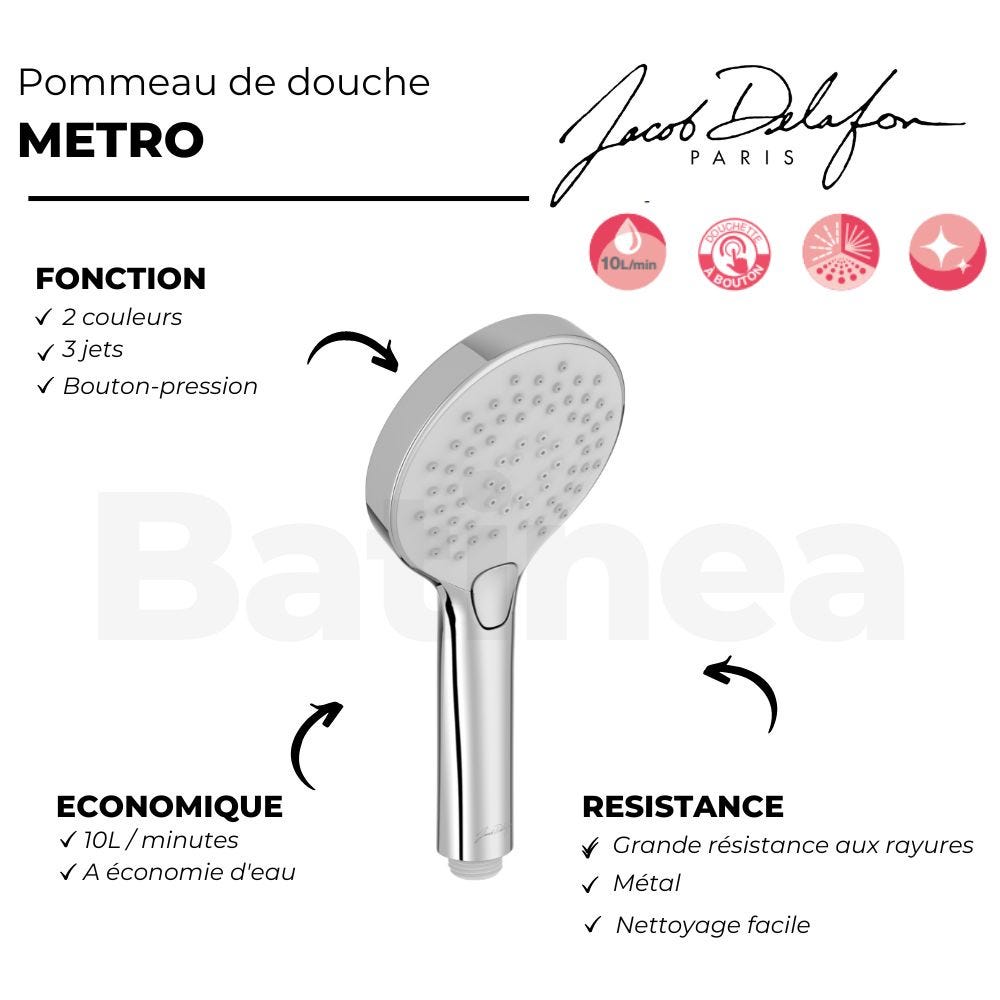 Pommeau de douche JACOB DELAFON Metro chrome, 3 jets | Economie d'eau 2