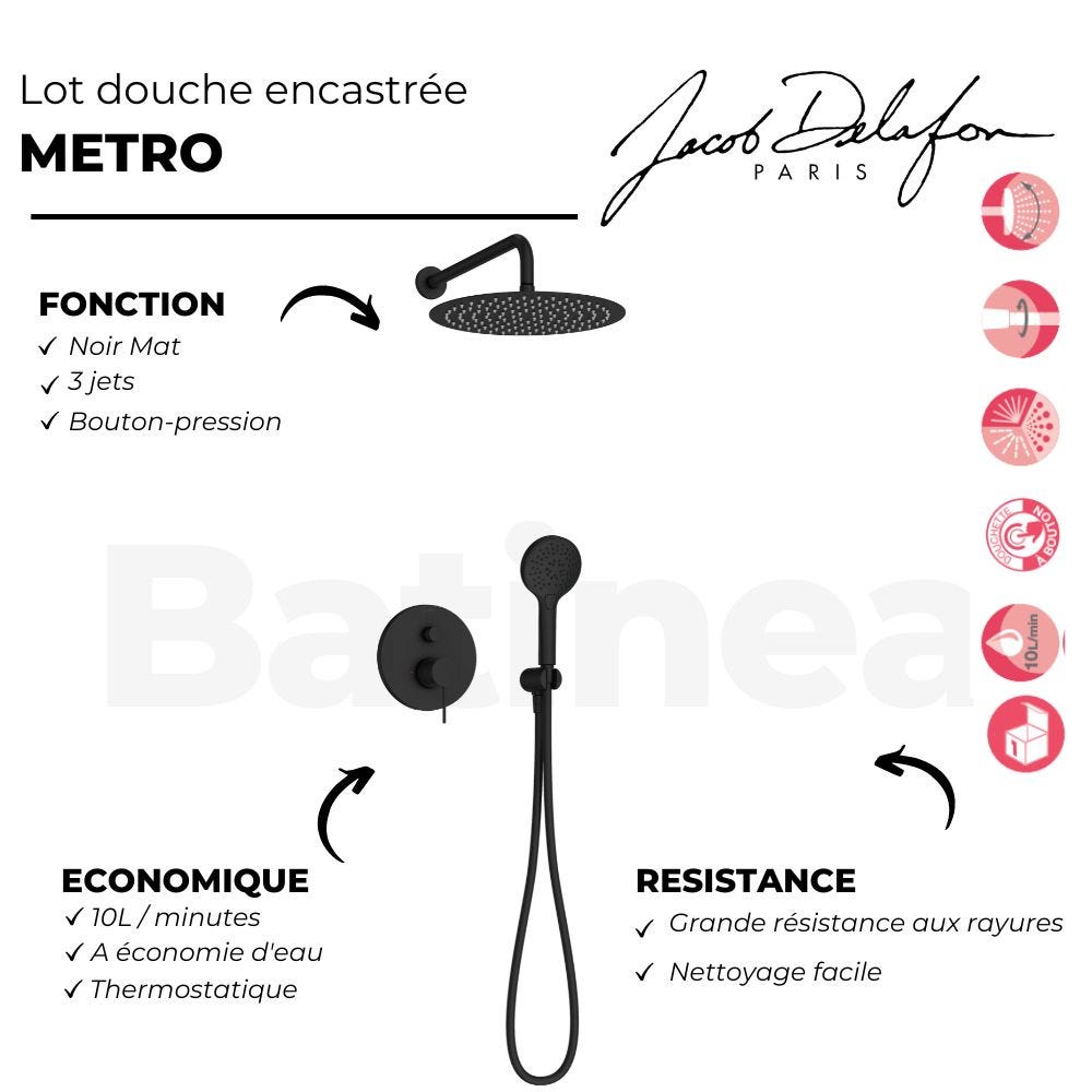 Robinet douche encastré thermostatique JACOB DELAFON Metro, Noir mat | Economie d'eau 2