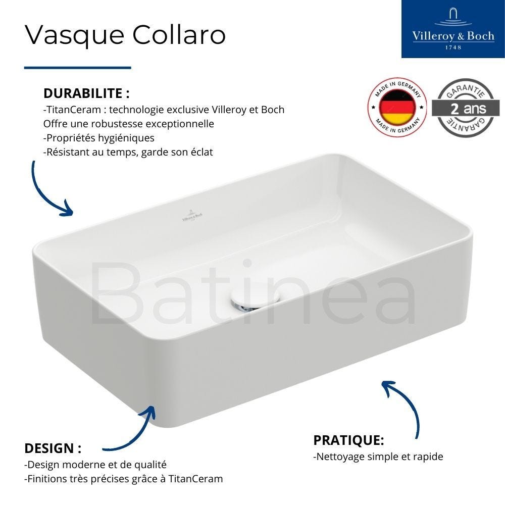 Vasque a poser rectangle VILLEROY ET BOCH Collaro Stone White CeramicPlus 2