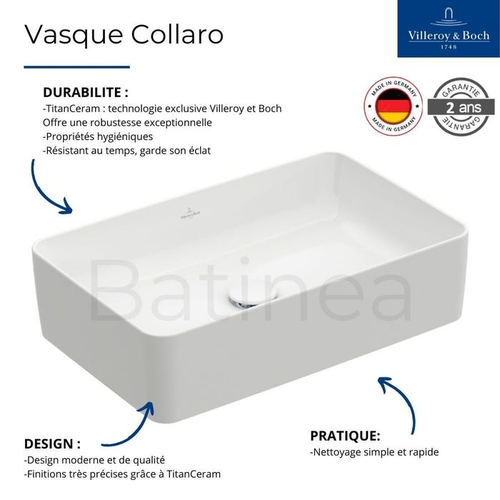 Vasque a poser rectangle VILLEROY ET BOCH Collaro Stone White CeramicPlus 2