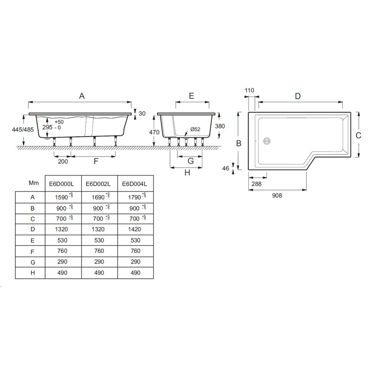 Baignoire bain douche NÉO 160x90 tête à droite avec pieds JACOB