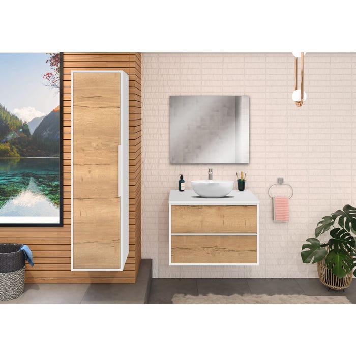 Meuble de salle de bain à suspendre Chêne Halifax Naturel / Blanc Alp 80 cm avec rangement + plan vasque à poser BORDER 1
