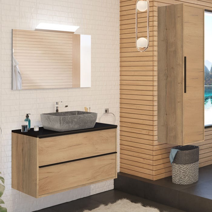 Meuble de salle de bain BORDER 100cm + plan vasque à poser + colonne Chêne Halifax naturel et noir 1