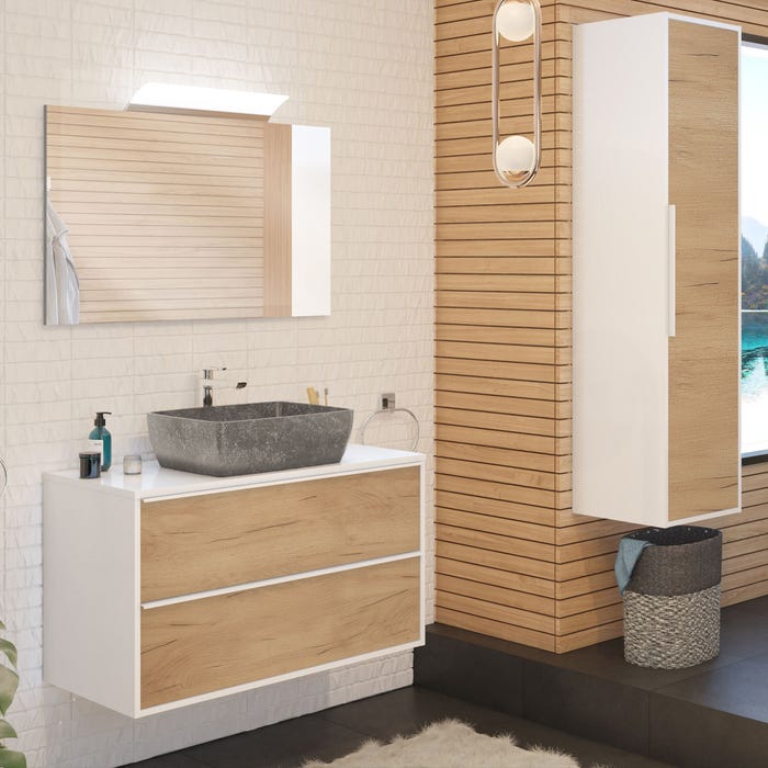 Meuble de salle de bain BORDER 100cm + plan vasque à poser + colonne Chêne Halifax et blanc 1