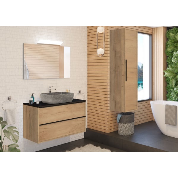 Meuble de salle de bain BORDER 100cm + plan vasque à poser Chêne Halifax naturel et noir 1