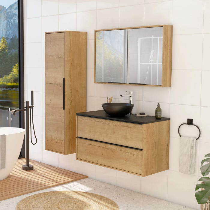 Meuble de salle de bain à suspendre Chêne Halifax naturel 100 cm avec rangement + plan vasque à poser BORDER 1