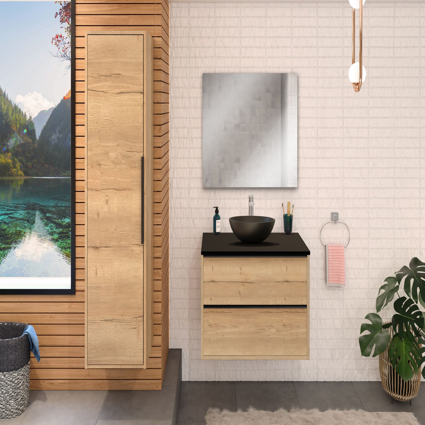 Meuble de salle de bain à suspendre Chêne Halifax naturel 80 cm avec rangement + plan vasque à poser BORDER 1