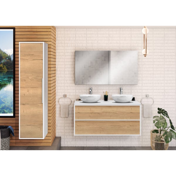 Meuble de salle de bain BORDER 120cm + plan vasque à poser Chêne Halifax naturel et blanc 1