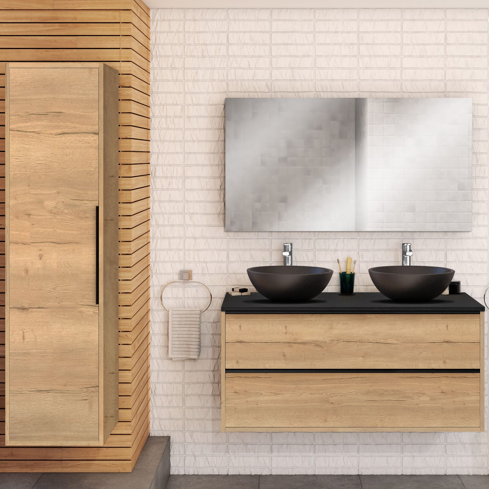 Meuble de salle de bain BORDER 120cm + plan vasque à poser + colonne Chêne Halifax naturel et noir 1