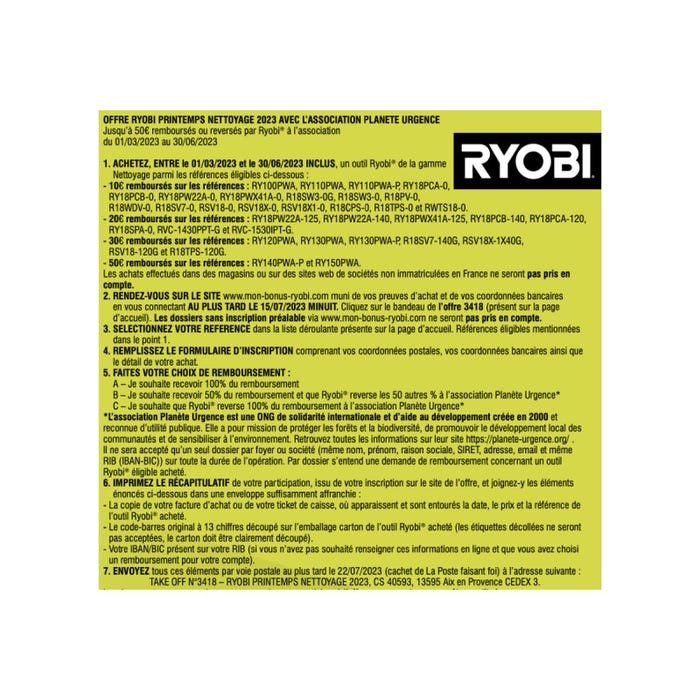 Pistolet à pression RYOBI - RY18PW22A-125 - 18V OnePlus - 1 batterie 2.5Ah - 1 chargeur 3