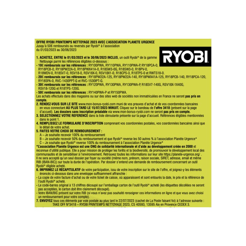 Nettoyeur de sol RYOBI - RY18PCB-140 - 18V OnePlus - 1 batterie 4.0 Ah - 1 chargeur 3