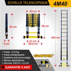 Echelle télescopique 4m40 Woerther Grafitek avec Barre Stabilisatrice + Roulettes - Garantie 5ans 3