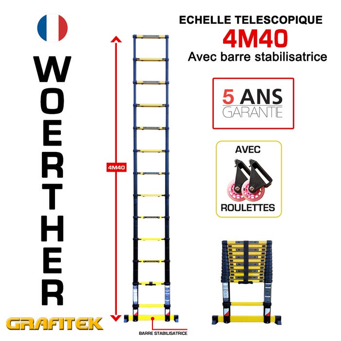 Echelle télescopique 4m40 Woerther Grafitek avec Barre Stabilisatrice + Roulettes - Garantie 5ans 1