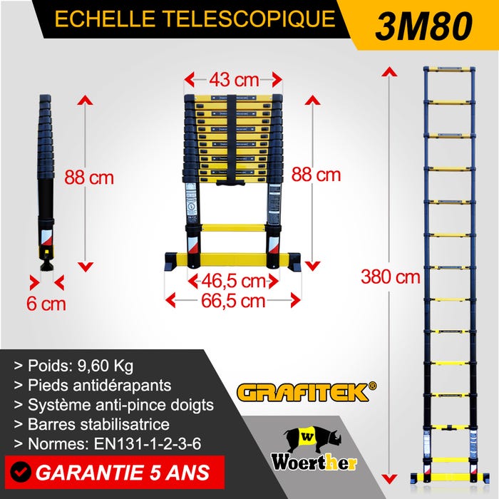 Echelle télescopique 3m80 Woerther Grafitek avec Barre Stabilisatrice + Roulettes - Garantie 5ans 2