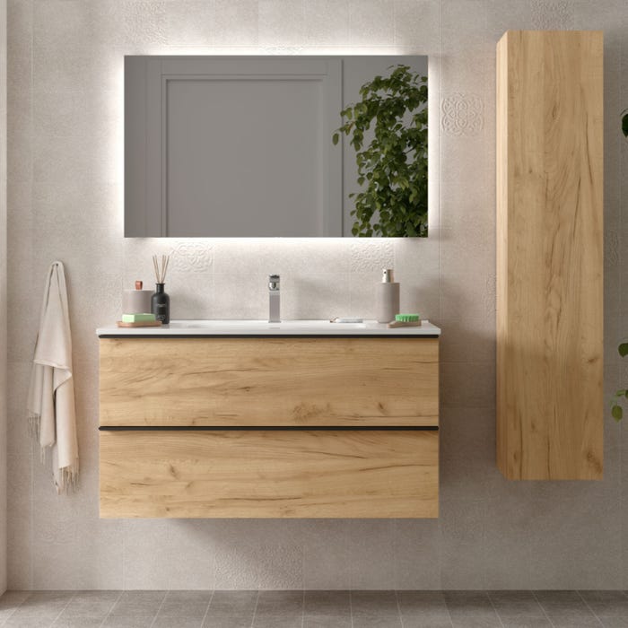 Meuble salle de bain - 100 CM - avec plan vasque - Effet chêne brut - poignées noires - A suspendre - ARUBA 0