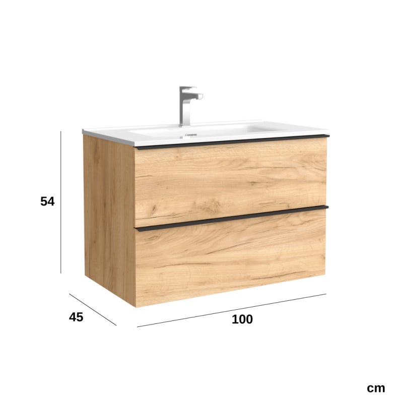 Meuble salle de bain - 100 CM - avec plan vasque - Effet chêne brut - poignées noires - A suspendre - ARUBA 4