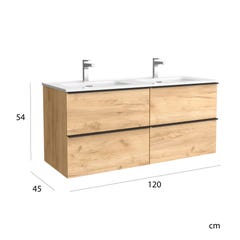 Meuble salle de bain - 120 CM - Plan double vasques céramique - Effet chêne brut - poignées noires - A suspendre - ARUBA 3