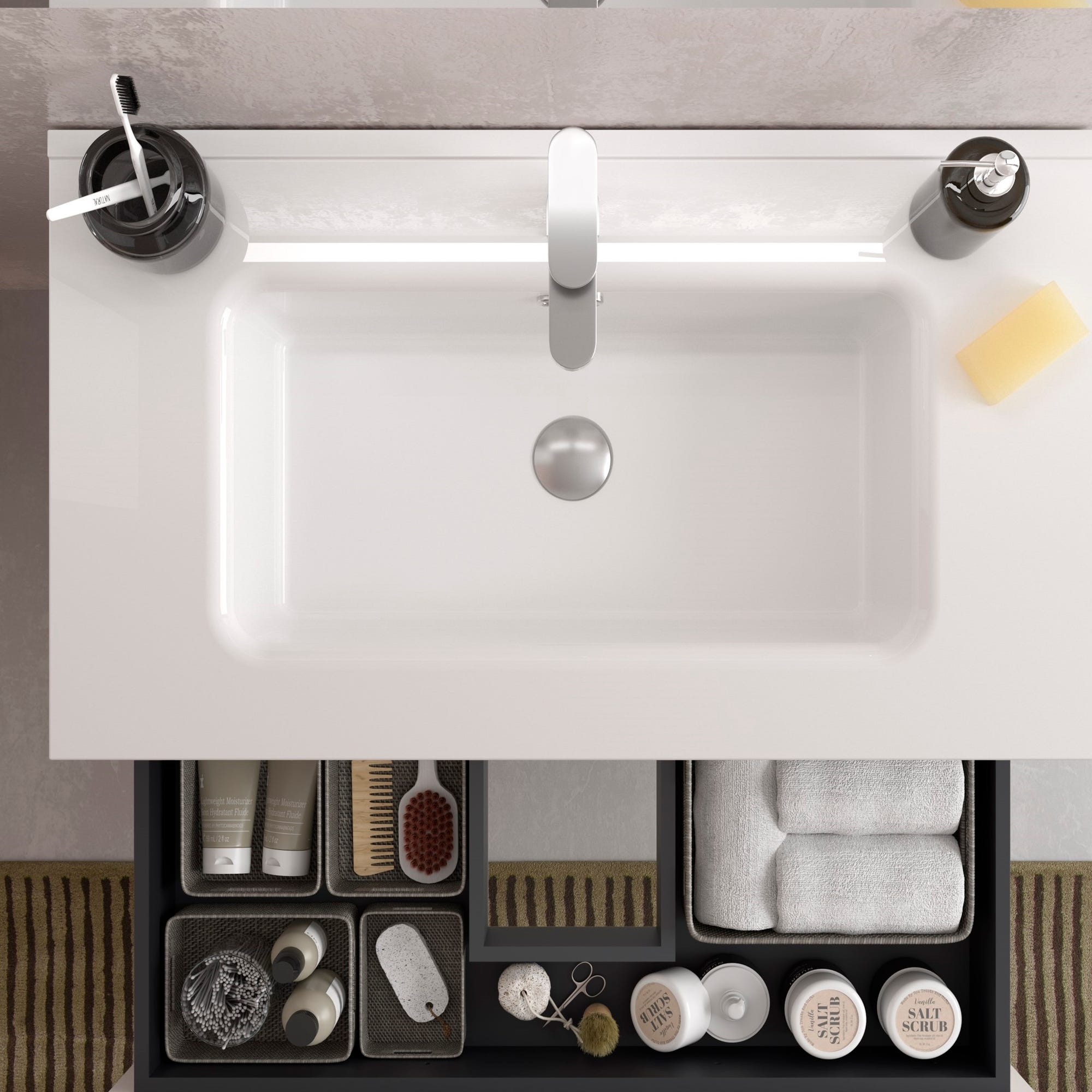 Meuble salle de bain - 80 CM - avec plan vasque - Effet chêne brut - poignées noires - A suspendre - ARUBA 2