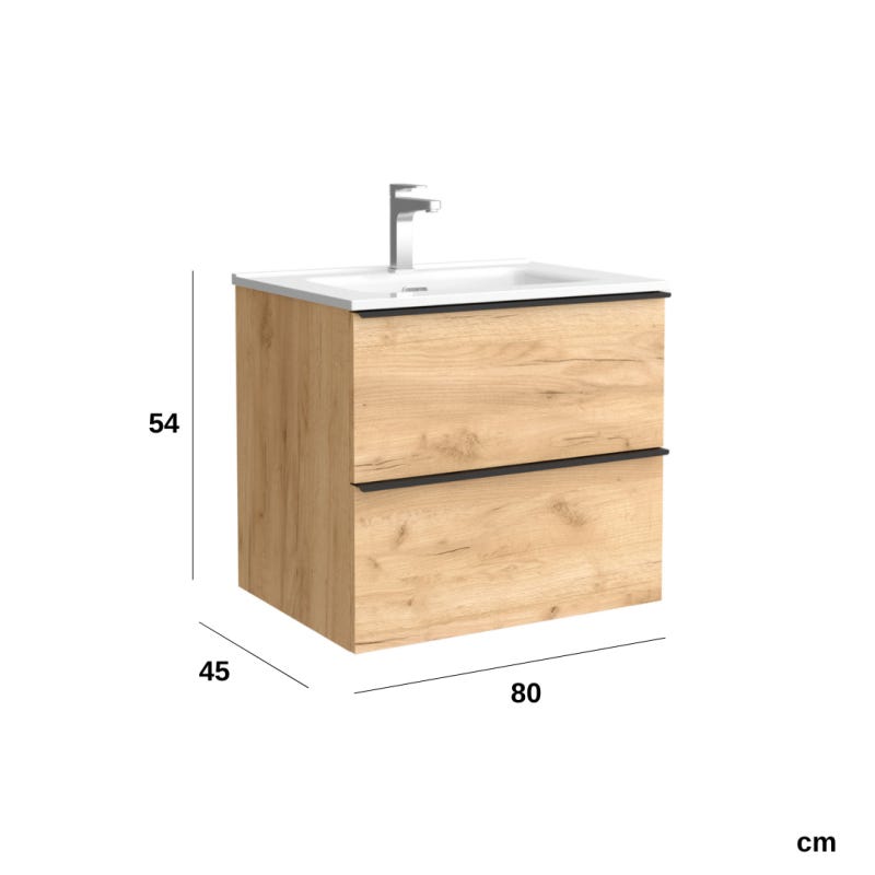 Meuble salle de bain - 80 CM - avec plan vasque - Effet chêne brut - poignées noires - A suspendre - ARUBA 5