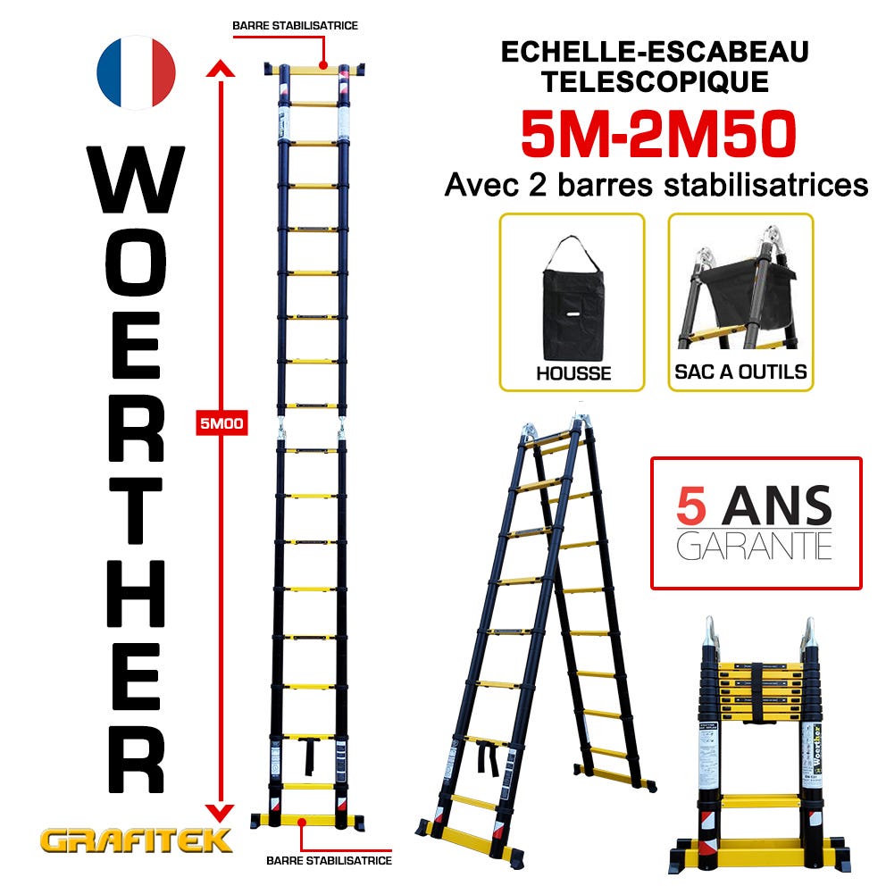 Echelle-escabeau télescopique 5m/2m50 Woerther avec double barres stabilisatrices - Plus housse et sac à outils - Garantie 5 ans 1
