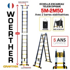 Echelle-escabeau télescopique 5m/2m50 Woerther avec double barres stabilisatrices - Plus housse et sac à outils - Garantie 5 ans 1