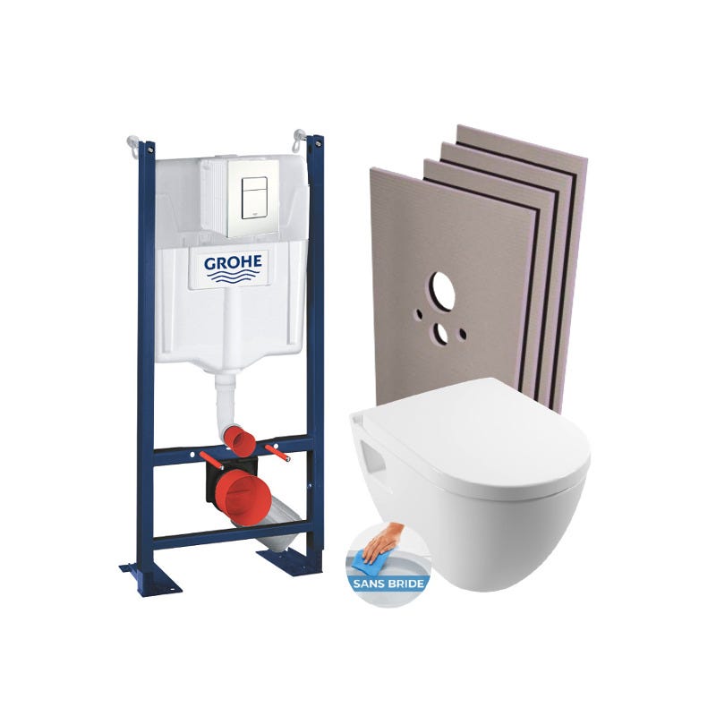 Grohe Pack WC Bâti-support autoportant + WC suspendu sans bride SM26 + Abattant frein de chute + Plaque Blanche + Set d'habillage 0