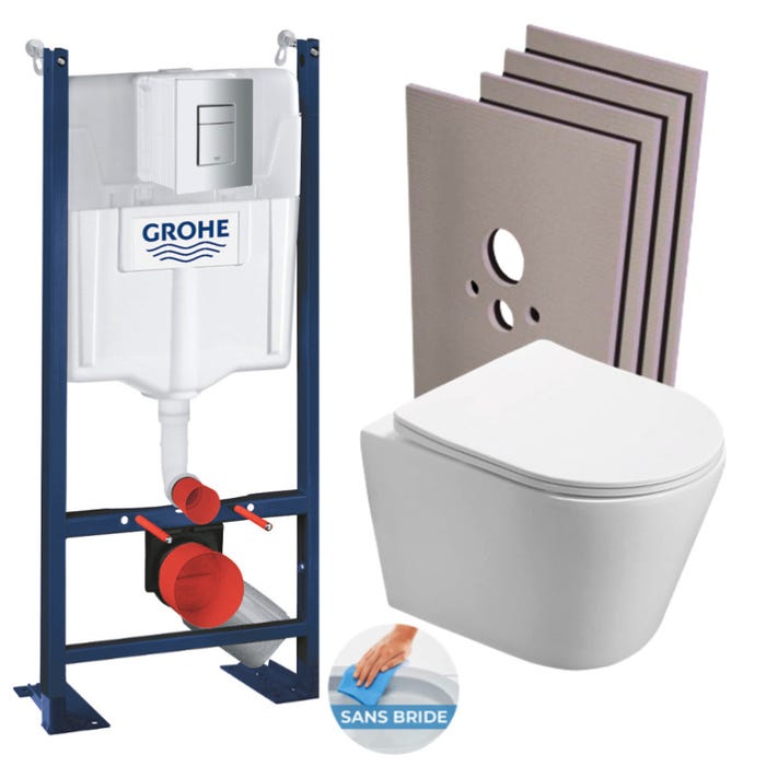 Grohe Pack WC Bâti autoportant + WC sans bride SAT Infinitio + Abattant softclose + Plaque Chrome mat + Set habillage 0