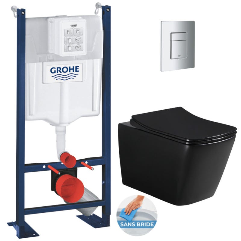 Grohe Pack WC Bâti autoportant + WC sans bride SAT Infinitio Noir mat Design + Abattant softclose + Plaque chrome mat 0