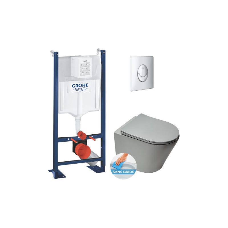 Grohe Pack WC Bâti autoportant + WC suspendu Swiss Aqua Technologies GreyInfinitio sans bride + Abattant softclose + Plaque Chrome 0
