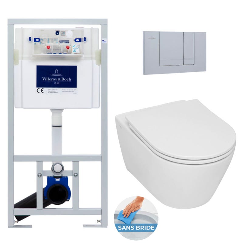 Villeroy & Boch Pack WC bâti-support + WC sans bride Serel SP26 + Abattant softclose + Plaque chrome mat (ViConnectSP26-3) 0