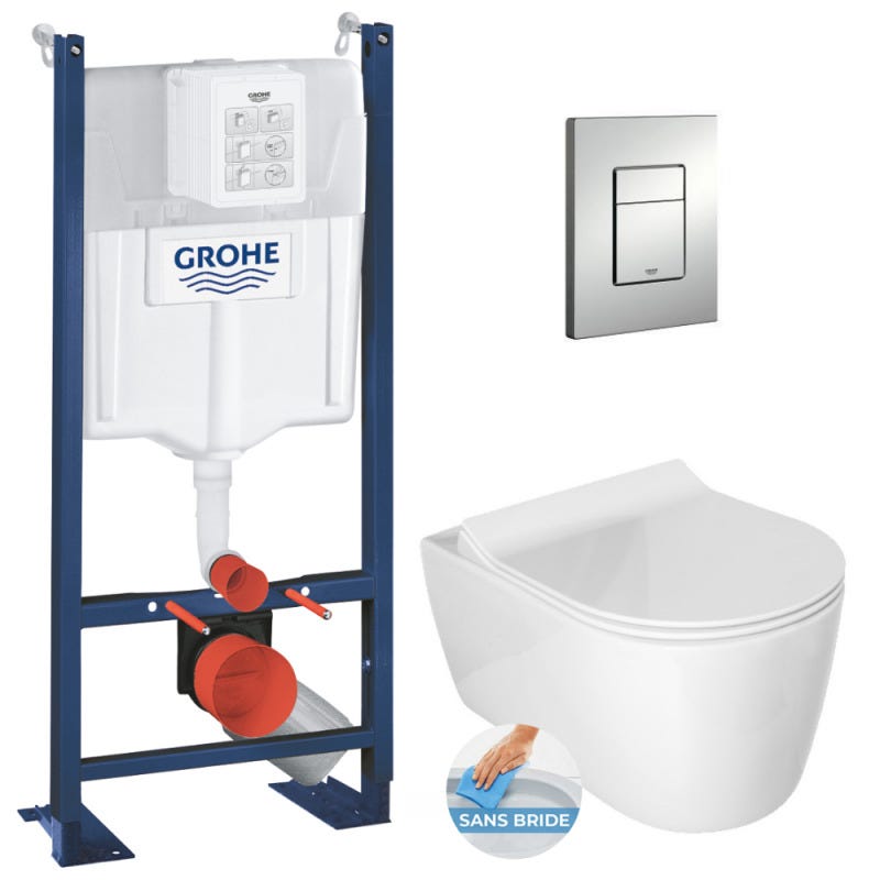 Grohe / Idevit Pack WC Rapid SL autoportant + WC sans bride Alfa avec fixations invisibles + Abattant softclose + Plaque chrome mat 0