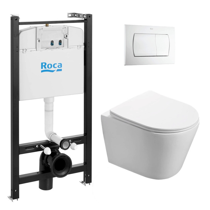 Roca Pack Bâti-support Roca Active + WC sans bride SAT Infinitio + Abattant slim, softclose + Plaque Blanche 0