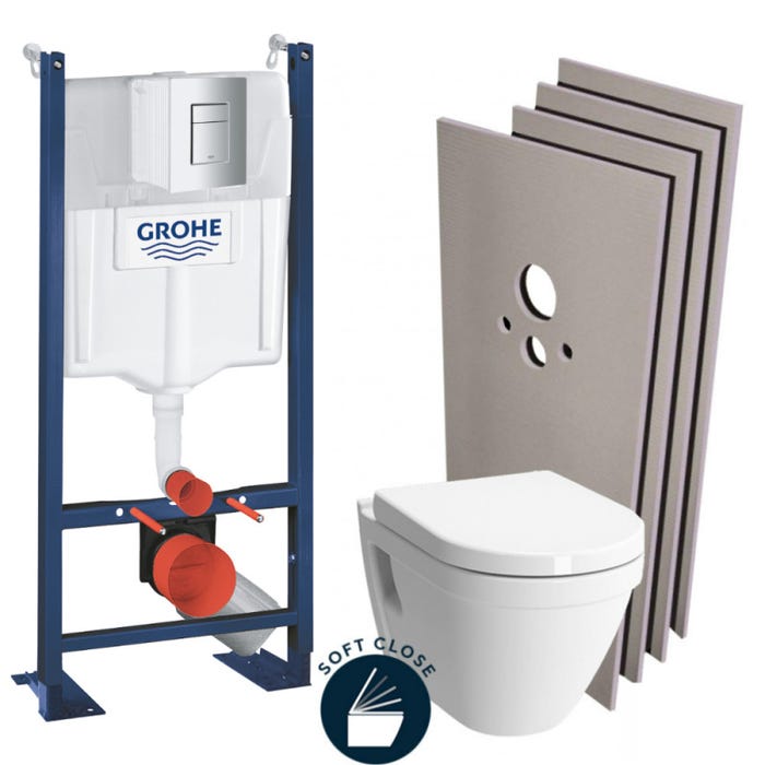 Grohe Pack WC Bâti Autoportant Rapid SL + WC suspendu Vitra S50 + Abattant softclose + Plaque chrome mat + Set habillage 0