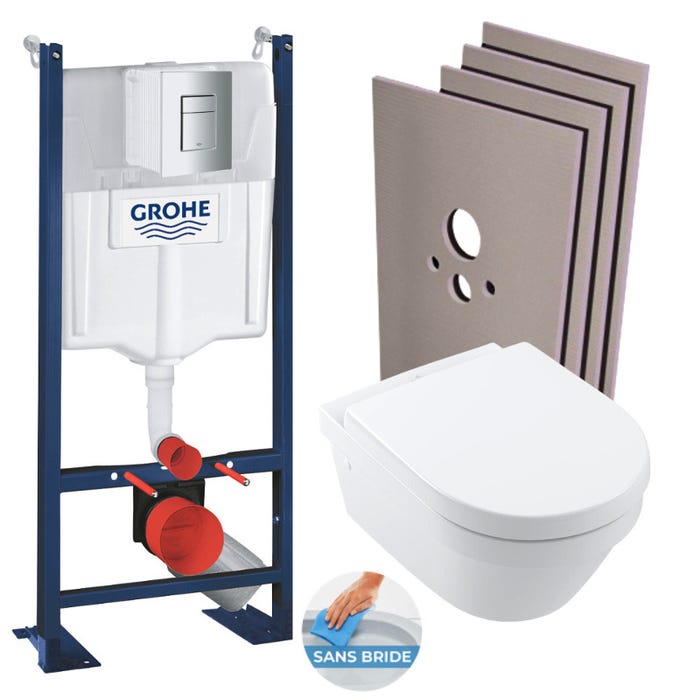 Grohe Pack WC Bâti autoportant + WC Architectura sans bride + Abattant + Plaque chrome + Set habillage 0