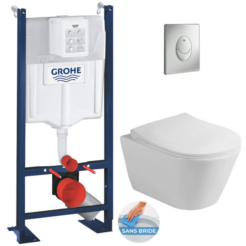 Grohe Pack WC Bâti-support autoportant + WC sans bride Lucco Avva + Abattant softclose + Plaque Chrome mat (ProjectAvva-7) 0