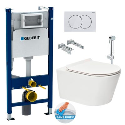 Geberit Pack Bâti-support 112cm + WC sans bride SAT Brevis + Abattant ultra-fin, softclose + Douchette bidet + Plaque blanche 0