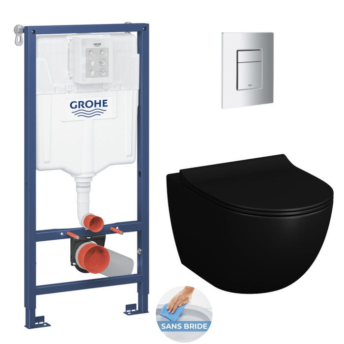 Grohe Pack WC Bâti-support Rapid SL + WC SAT Infinitio 2.0, Noir mat + Abattant frein de chute + Plaque Chrome 0