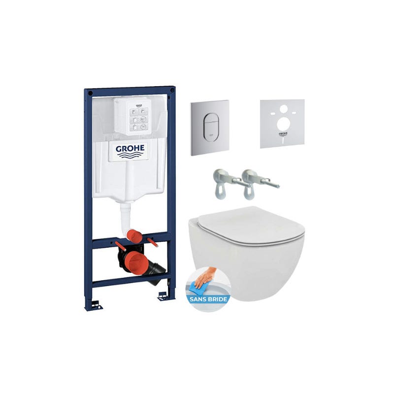 Grohe Pack WC Bâti-support + WC suspendu Ideal Standard Tesi Aquablade + Abattant slim avec frein de chute + Plaque Arena Chrome 0