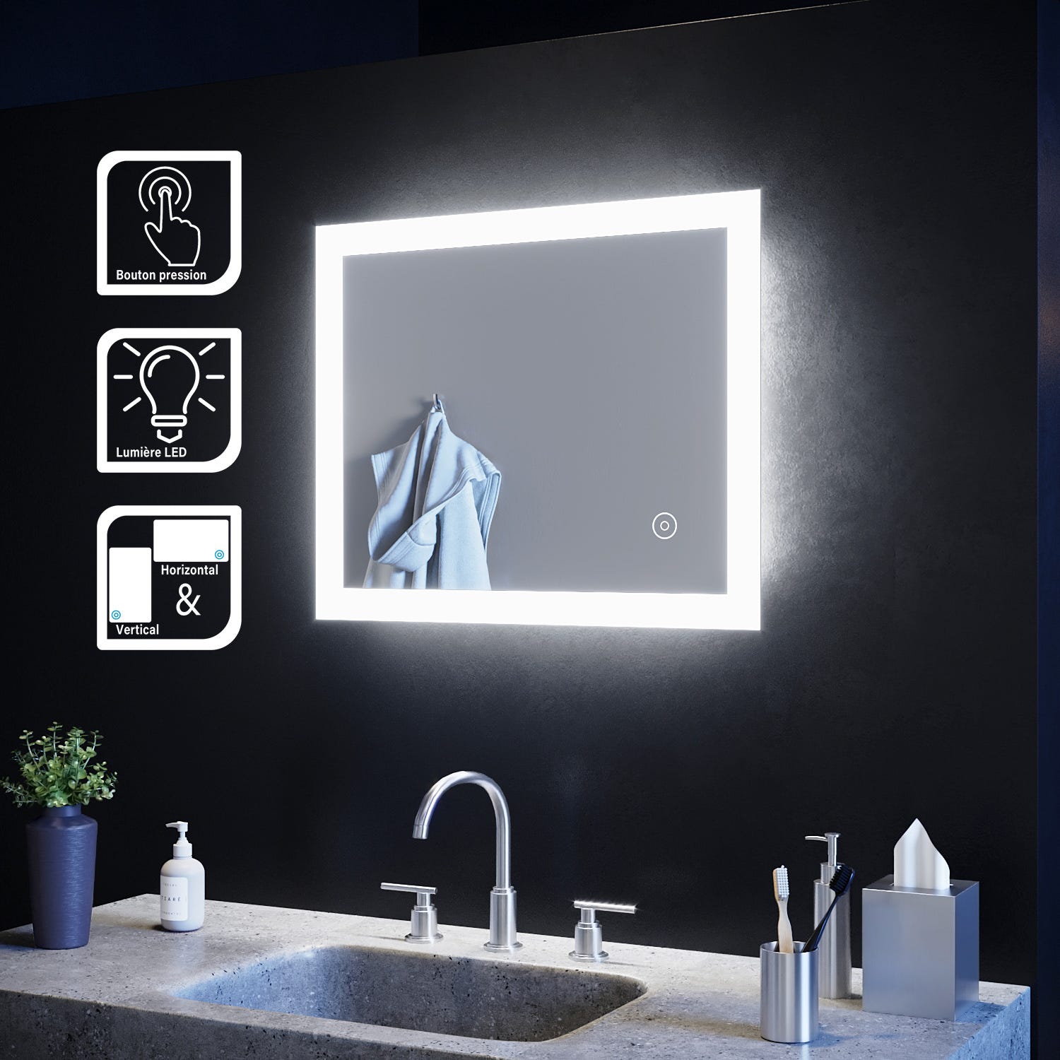 SIRHONA Miroir de salle de bain avec LED lumineux,contrôle de contact,placement horizontal et vertical 1
