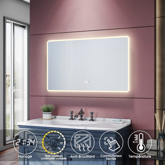 SIRHONA Miroir de salle de bain avec lumière tricolore LED,affichage du temps,désembuage,100x60cm 1