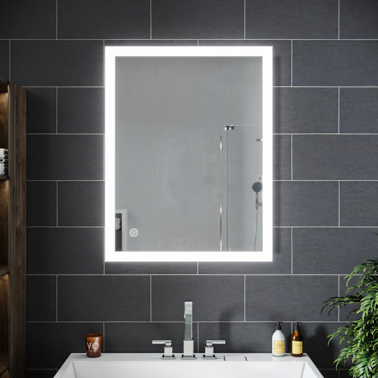 SIRHONA Miroir de salle de bain avec lumière LED, contrôle de contact,désembuage,placement horizontal et vertical,90x70cm 1
