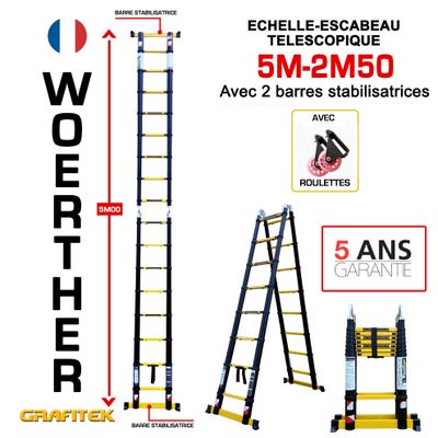 Echelle-escabeau télescopique 5m/2m50 Woerther avec double barres  stabilisatrices - Plus roulettes - Garantie 5 ans ❘ Bricoman