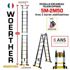 Echelle-escabeau télescopique 5m/2m50 Woerther avec double barres stabilisatrices - Plus roulettes - Garantie 5 ans 1