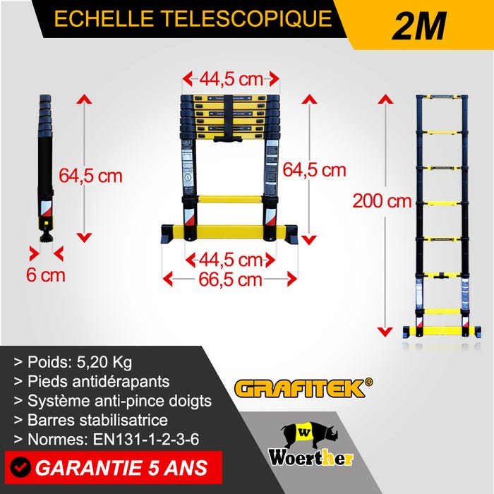 Echelle télescopique Woerther Grafitek 2m avec barre stabilisatrice - Plus roulettes - Garantie 5 ans 2